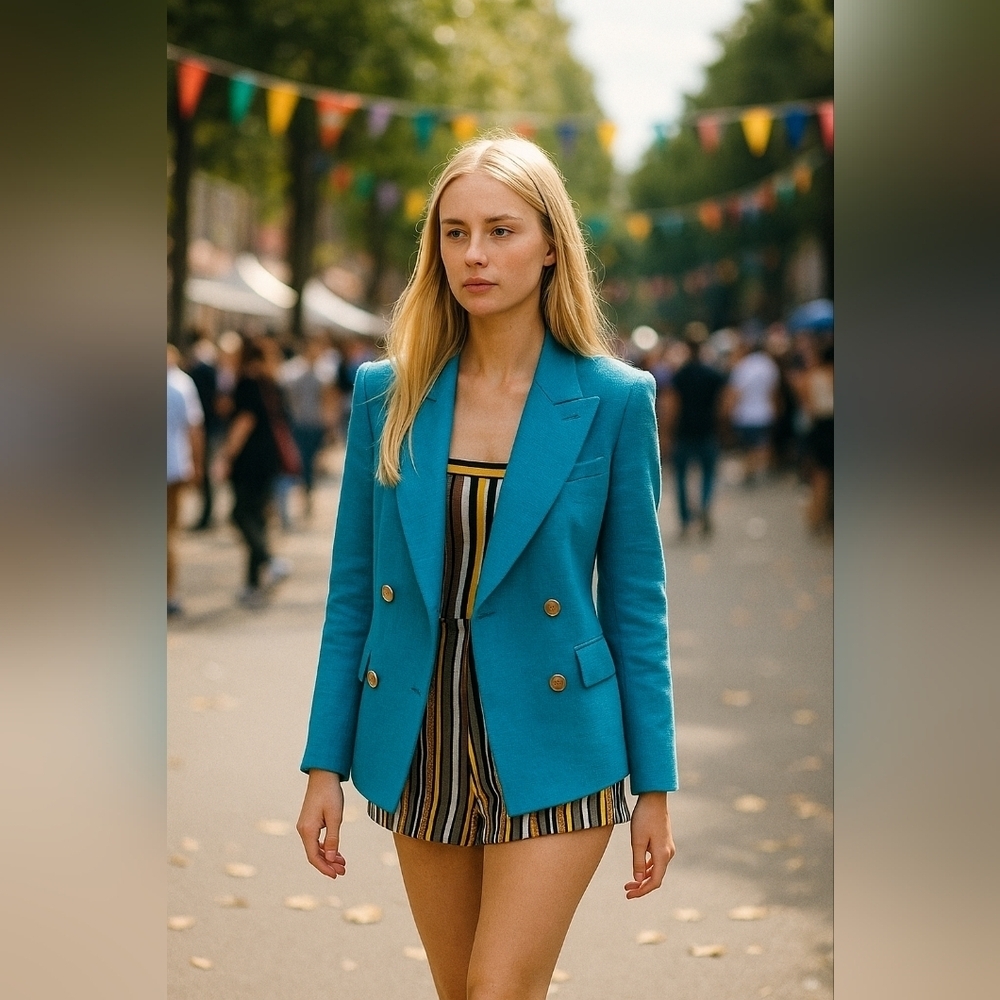 NWOT Zara Blue Double-Breasted Blazer with Notched Lapel